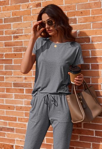 Image of Ekouaer 2 pack Pajama Sets for Womens Jogger Pants Pjs Short Sleeves Lounge Set Soft Sleepwear with Pockets