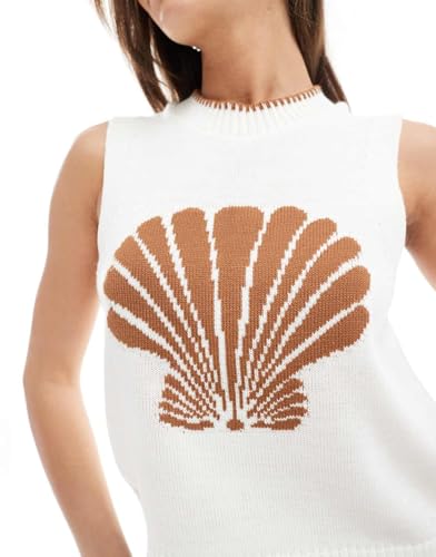 Image of Women Graphic Sweater Vest Y2k Sleeveless Lobster Pullover Top Crew Neck Lightweight Fall Knit Tank Top (Shell Brown,S)