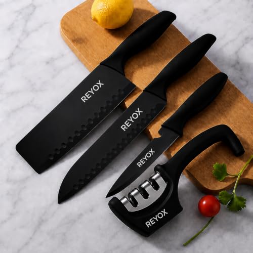 Image of Kitchen Knife Sharpener Set, 3 Piece High Carbon Stainless Steel Knives with Covers, Black Cooking Knives for Home Kitchen, Vegetable, Fruit & Meat Cutting & Slicing (Black 3 Knife Set+Knife sharpner)
