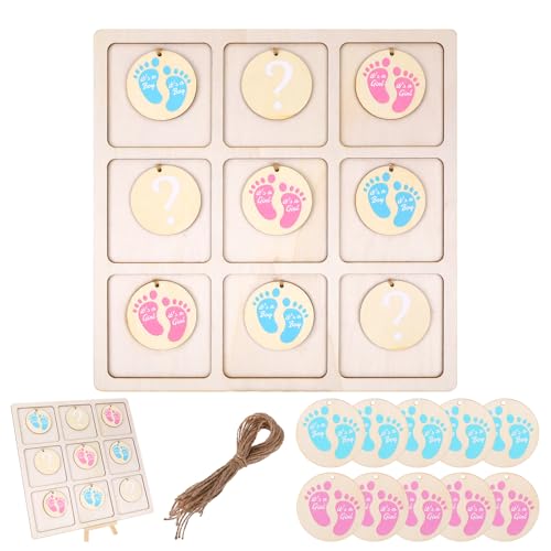 Gender Reveal Tic Tac Toe Board Game with 10 Game Chips 1 Twine and 1 Support Easel Wooden Gender Reveal Games Set for Boy or Girl Party Supplies Decorations(Footprint)