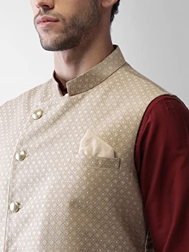 Image of KISAH Men's Cream Jacquard Silk Blend Nehru Jacket- Traditional Indian Waistcoat for Weddings & Royal Parties