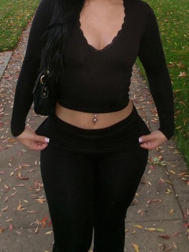 Women 2 Piece Lounge Set Contrast Lace V Neck Long Sleeve Crop Top Fold Over Flare Yoga Pants Tracksuit Casual Outfits4