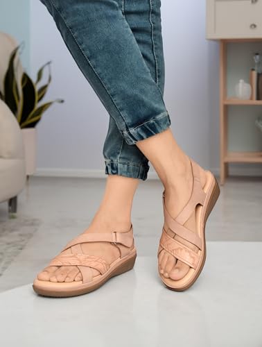 Image of Moshun Criss Cross Sandals for Women & Girls | Multi Strap & X Strap Flat Sandals, Bounce Back Technology Footbed with Adjustable Strap, Anti-Slip Sole | Lightweight Daily Wear Casual Slip-On Sandals