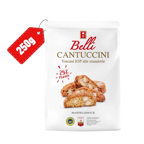 Belli Cantuccini IGP alle mandorle 25{37f1ad9c49d8974e3cbdbd63f0bf0afecc8a97a3f2079f14908eb7a770e786b2} Mandeln (1x 250g) | Mandelgebäck aus Italien | Keks mit Mandeln | 250g abgepackte Gebäckstücke | italienische Kekse