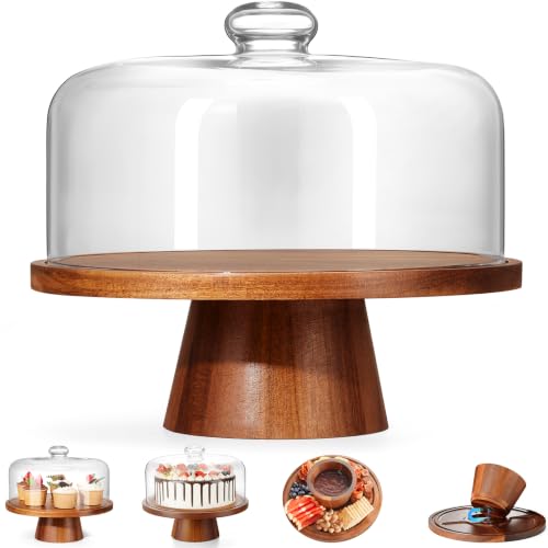 VIVIRBIEN 12in Acacia Wood Cake Stand with Glass Dome&Magnetic Pedestal