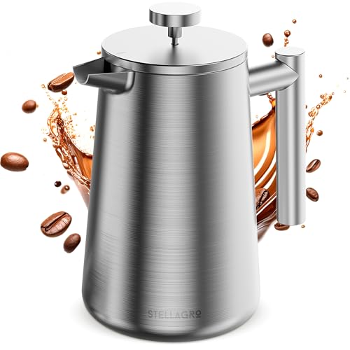 STELLAGRO French Press Coffee Maker, Stainless Steel French Press, 34 Oz / 1L, Large Insulated Double Wall Coffee Maker with 3 Extra Mesh Filters, Satin Finish, Silver