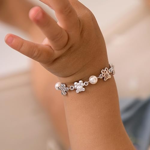 In Season Jewelry 925 Sterling Silver 4.5" Teddy Bear & Simulated Pearl Bracelet for Baby Girls & Toddlers - Cute Small Bears Charm Bracelet for Little Girls - Fun & Safe Baby Bracelet2