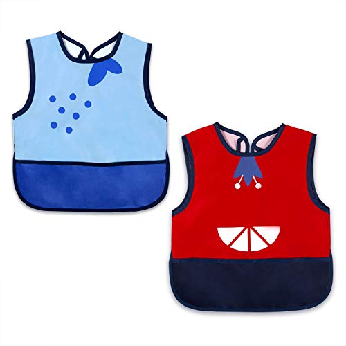 Baby Wearable Waterproof BLW Smock Bib for Feeding with Pocket, Infant Plastic Apron, Short Sleeve Coverall Weaning Bib for Eating with Tie Closure and Catcher (2 Packs, 6-36 Months)