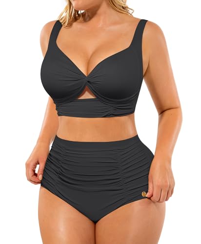SHAPELLX Womens Twist Front Bikini Tummy Control 2 Piece Swimsuits High Waisted Bikini Sets Push Up Bathing Suit (Black Large)