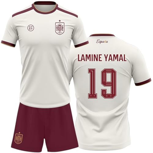 Champion's City Kit España Mundial 2026 2028 | Réplica Camiseta y pantalón | Lamine Yamal 19 | Color Blanco y Granate | Conjunto fútbol para Adulto y niño