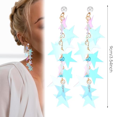 Star Earrings Dangle, Iridescent Earrings for Women Accessory Neon Long Tassel Dangle Earrings Dazzling Gold Star Sparkly Earring Long Dangle Summer Jewelry Graduation Wedding Birthday Gift2