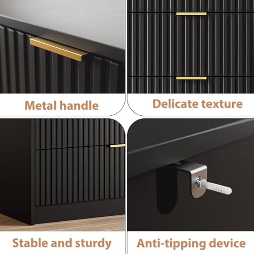 Image of MAISONARIA Black 6 Drawer Dresser for Bedroom, 55 inch Wide Modern Chest of Drawers with Gold Metal Handles, Fluted Wood TV Stand for Living Room, Hallway