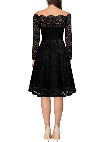MISSMAY Women's Vintage Floral Lace Long Sleeve Boat Neck Cocktail Party Swing Dress, X-Large, Black