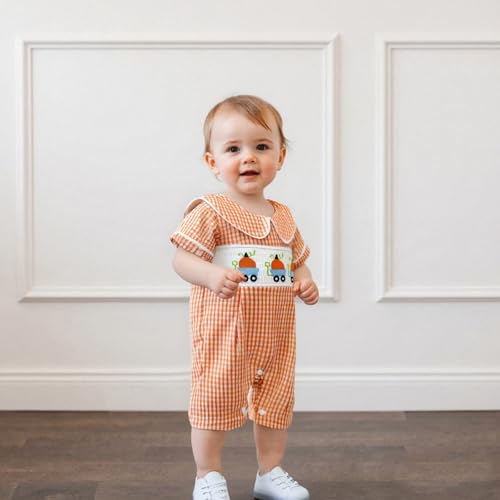 Baby Boy Smocked Pumpkin Romper Short Sleeve Embroidery Truck Babydoll Collar Gingham Jumpsuit Halloween Clothes2