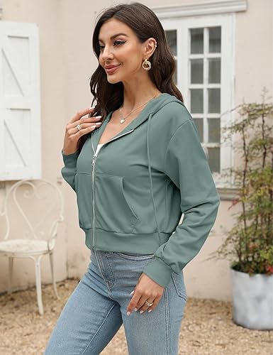 Image of Casual Wear Solid Crop Zipper Jacket Hooded Neck Full Sleeves with Kangaroo Pocket Hoodie for Women