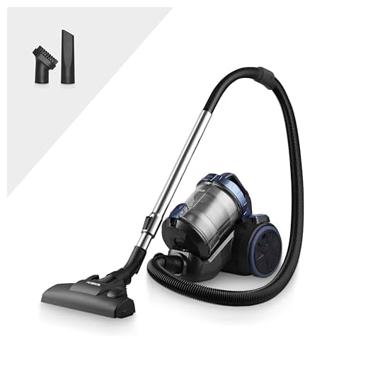 Tower T102004 TXP10 Multi-Cyclonic Bagless Cylinder Vacuum Cleaner with Crevice Tool, Floor Brush, Small Brush, Automatic Cord Rewinder, 1.5L, 800W, Blue