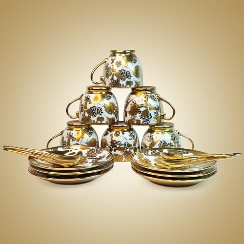 Image of Premium Ceramic Tea Set - 18 PCS | Elegant Gold-Plated Tea Cup Set with 6 Cups, 6 Saucers, 6 Spoons | Ideal for Home, Office, and Parties (Golden)