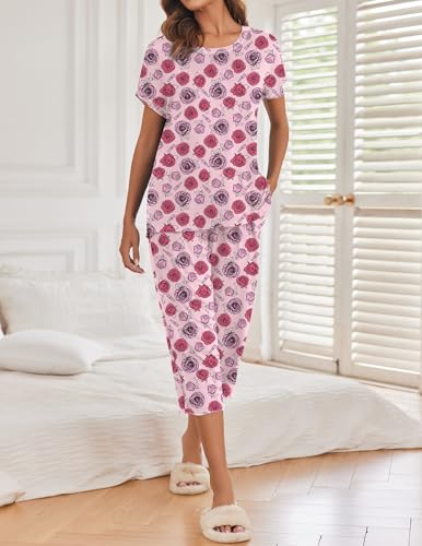 Image of Ekouaer 2 Pack Womens Pajamas Sets Short Sleeve Tops and Capri Pants Pjs Colorful Printed Sleepwear Sets