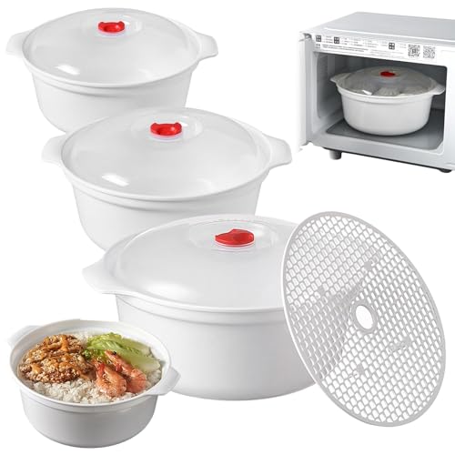 PORFOYO Lot de 3 boîtes de conservation pour micro-ondes avec couvercle, assiettes à micro-ondes avec couvercle, bol pour micro-ondes, 3 l, boîtes de conservation utilisables comme boîte de