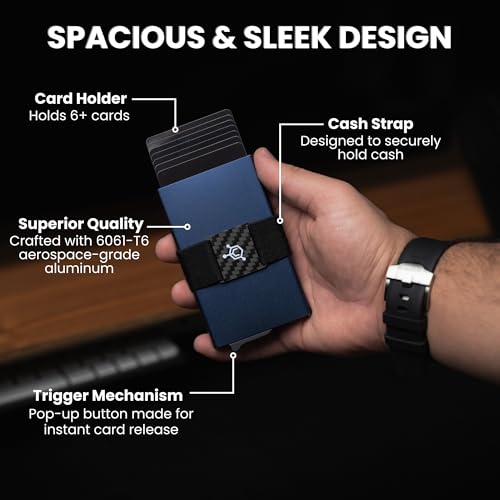 Image of CODE 118 Wallet - Premium Automatic Smart Wallet, RFID Blocking, Pop Up Mens Minimalist Metal Wallet, 6061-T6 Aerospace-Grade Aluminum, Genuine 3K Carbon Fiber (Classic, Pacific Blue)