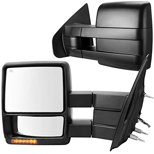AUTOSAVER88 Towing Mirrors Compatible with 07-14 Ford F150 Super Duty Truck Trailer Tow Mirrors Power Heated Glass Turn Signal and Puddle Lamp Manual Telescoping and Folding Side Mirror