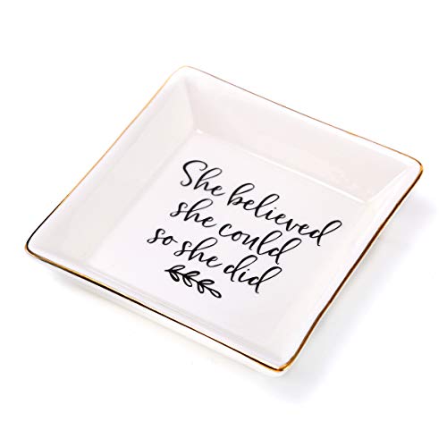 EnjoIt Ceramic Ring Dish Decorative Jewelry Tray - She Believed She Could So She Did, Congratulations, Graduation, Birthday Gifts for Women C2244