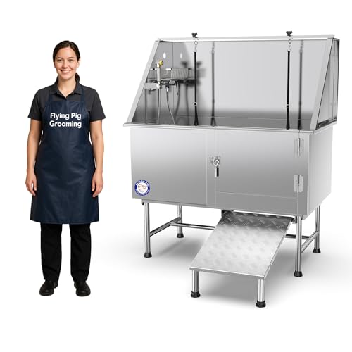 Flying Pig 50" Stainless Steel Pet Dog Grooming Bath Tub with Walk-in Ramp & Accessories (Right Door/Left Drain)