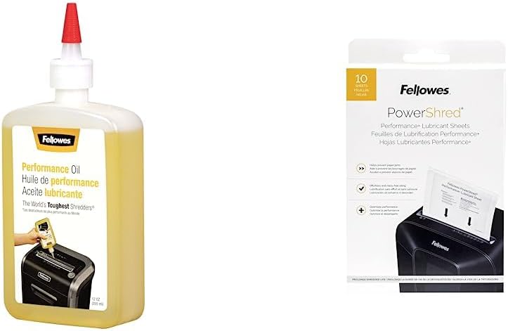 Fellowes Powershred Performance Shredder Oil, 12 oz. & Powershred Performance Paper Shredder Lubricant Sheets, 6 x 8.50 x 0.031 Inch, 10-Pack