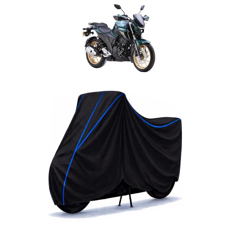 Image of FZ-S Fi Version 3.0 Bike Cover Water Resistant Universal Motorcycle Rain | Heavy Duty UV Protection, Dust, Scratch Indoor Outdoor All Weather with Black Blue Piping Elastic