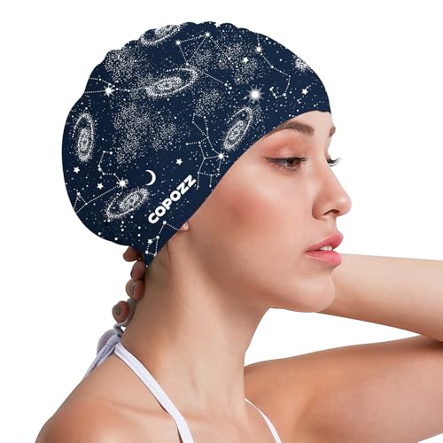 COPOZZ Women‘s Swim Cap for All Hair - Large, Comfortable Silicone Swimming Cap, Waterproof Design for Long, Short, Thick & Curly Hair | Secure & Comfortable Fit (Milky Way-12yrs+)