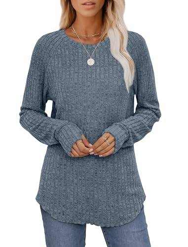 Image of Saloogoe Women's Long Sleeve Top Crewneck Basic Lightweight Fall Shirt with Thumb Hole