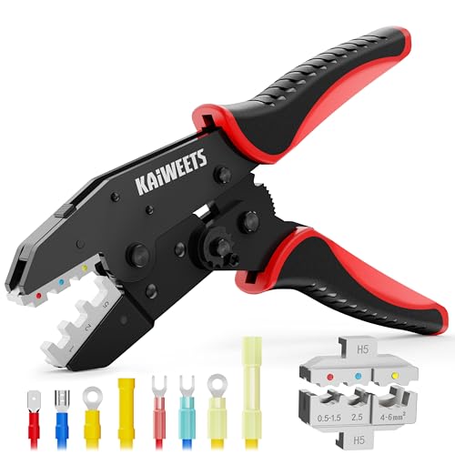KAIWEETS 2-in-1 Crimping Tool for Heat Shrink and Insulated Electrical Connectors AWG 22-10, Wire Crimping Tool with 2 Rapid Replacement Jaws, Ratchet Wire Crimper with Adjustable Crimping Regulator