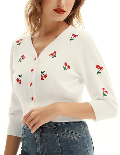 Image of Belle Poque Women's 3 /4 Sleeve V-Neck Button Down Cherries Embroidery Cropped Cardigan Sweater Coat