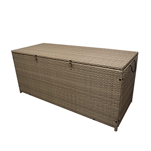 Image of Oakland Living Tan Indoor and Outdoor Balcony Patio Deck Porch Pool 113 Gallon Wicker Storage Box Trunk Bin with Metal Frame