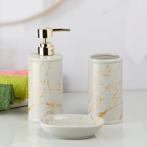 Image of SaSaSa Ceramic Bathroom Set of 3 Modern Bath Accessories Kit with Soap Dispenser, Toothbrush Holder & Dish - Stylish & Elegant Bathroom Decor, Grey /Gold (9731)