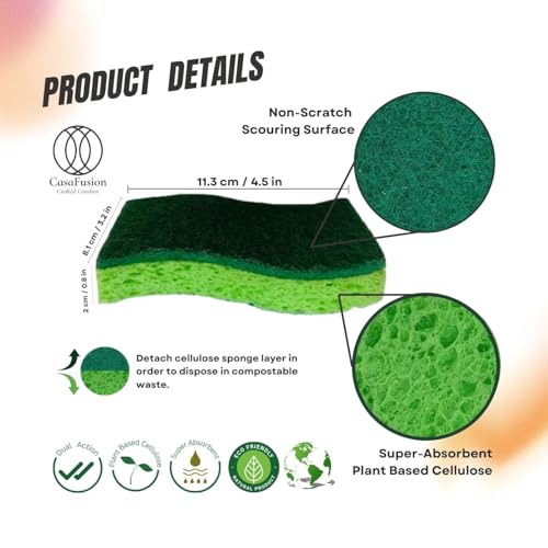Image of Non-Scratch Cellulose Scrub Sponges, Multipurpose ECO Friendly Plant Based Kitchen Cleaning Sponges, Dual-Sided, with Pan and Grill Scrappers, 12 Pack Blue, Green and Pink