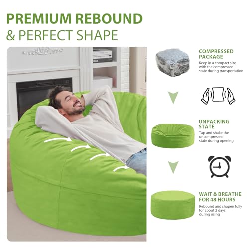 6FT Bean Bag Chair, Large Bean Bag Chairs with Memory Foam Filled, Fluffy Beanbag Sofa with Dutch Velvet Cover, Round BeanBag Chairs for Living Room, Playroom - Lime