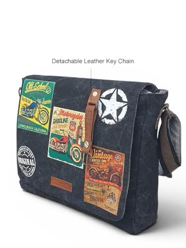 Image of The House of tara Distressed Cotton Canvas Messenger Bag for Men and Women | Printed Crossbody Sling Bag With Laptop Compartment (Upto 15.6 Inch), Broad Adjustable Straps (Phantom Black)