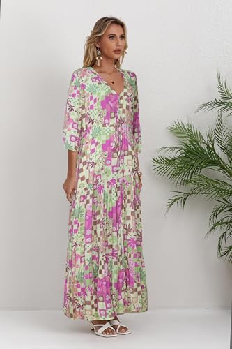 Image of Women Short Sleeve V Neck Floral Print Casual Bohemian Maxi Dresses