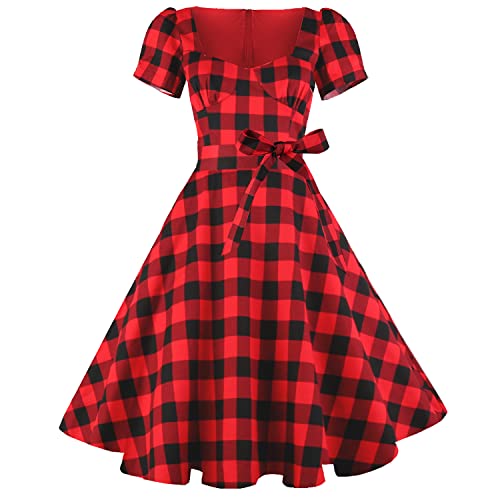 GOOBGS Vestido retro de cóctel Rockabilly Swing de los años 50 para mujer con bolsillos, Escocés rojo, X-Large