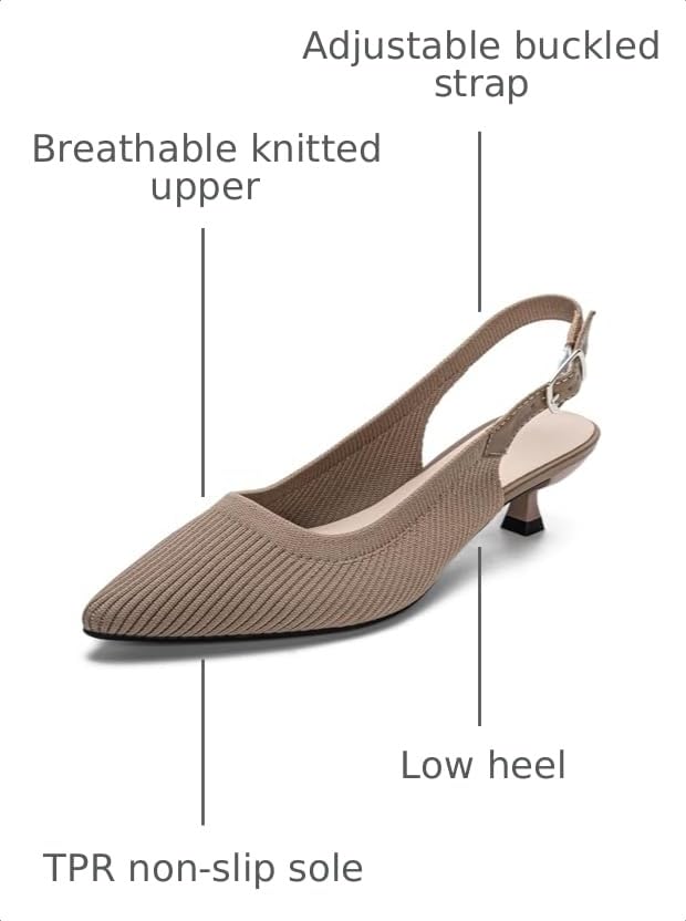 Image of youngshow Women's Slingback Kitten Heels for Work | Knit, Low Heels, Elastic Back Strap, Slip on, Pumps for Office, Wedding, Party