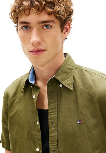 Tommy Hilfiger Herren Hemd Linen Blend Solid Kurzarm, Grün (Dark Artichoke), XS – Ansicht 4
