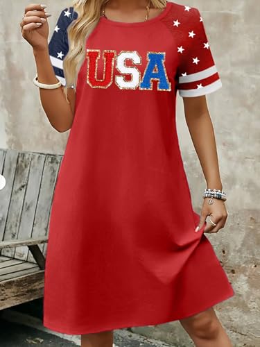 Image of YI XIANG RAN 4th of July Dress Women: American Flag Dresses USA Stars Stripes Shirt Patriotic Tshirt Summer Sundress