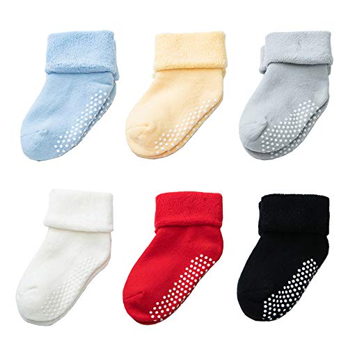 Non Slip Anti Skid Thick Cotton Socks with Grips for Baby Toddlers Infant Kids Boys Girls-6 pairs (6Colors-Red,Black, 3-12Months)