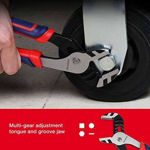 Image of WORKPRO 10-Inch Groove Joint Pliers, 7-Position Adjustable Pump Pliers, 2 inch Jaw Capacity, CR-V Steel, Anti-Rust Electrophoretic Coating, Bi-Material Non-Slip Handle, Plumbing, Home Repair (Pack of 12)