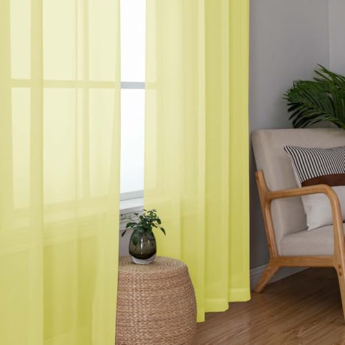 Image of Simplebrand Lemon Short Sheer Curtains 45 Inch Length for Small Windows, Rod Pocket 2 Panels Set Solid Voile Drapes Window Sheer Curtains for Bedroom Bathroom Kids Room Kitchen, 42x45 Inch, Lemon