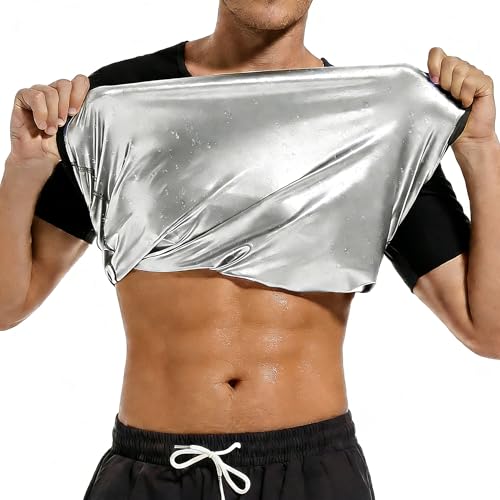Camisa de sauna para hombre, traje de manga corta para pérdida de peso, moldeador de cuerpo para hombre, camiseta de sauna adelgazante para gimnasio y ejercicio, Negro (interior plateado), Medium