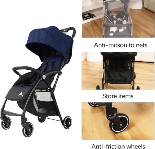 Alivio Folding Baby Stroller Pushchair for Baby Kids, Toddlers, Kids Stroller Trolley with Mosquito Nets & Shoulder Strap, Anti-Friction Wheels Baby Cart (Navy Blue) - Image 3
