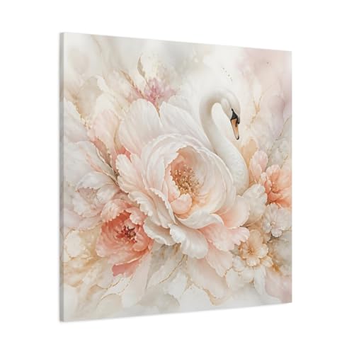 Tableau cygne et fleurs blush carré 90x90 cm pour décoration de chambre