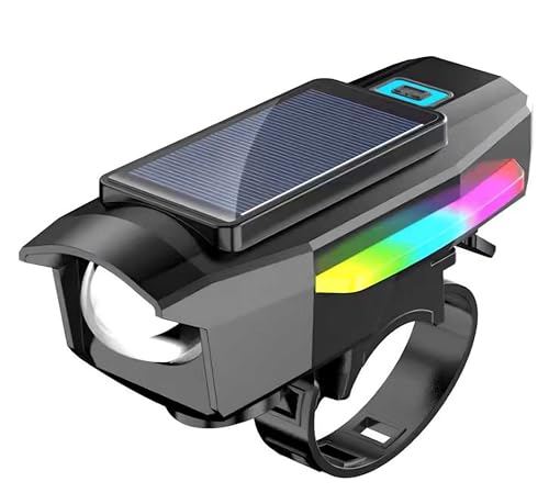 Solar Rechargeable Bike Light with Horn, USB Type-C Charging, 140dB Loud Horn, IP65 Waterproof, High Beam and Flashing Mode, 2000mAh Battery,...